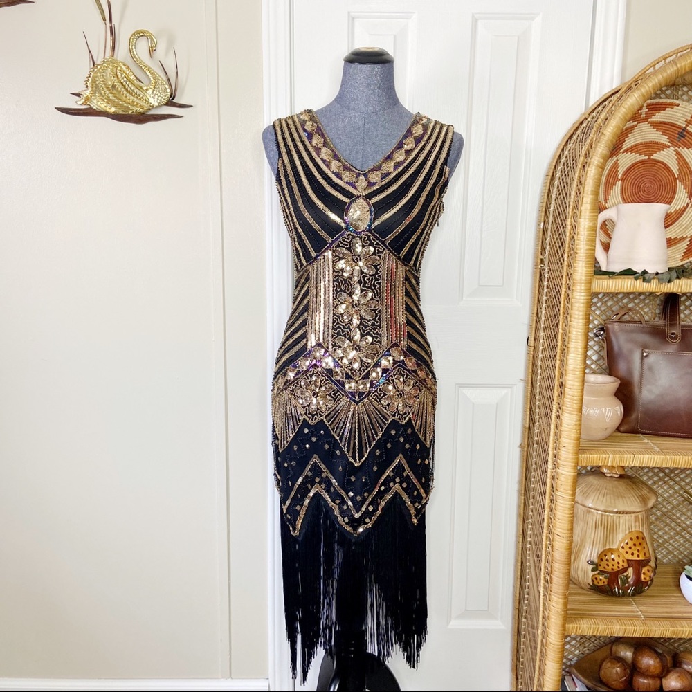Vintage Black and Gold Embellished Midi Dress